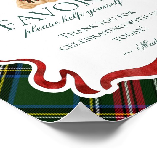 Green Tartan Plaid Christmas Bear Party Favor Sign Poster (Hoek)