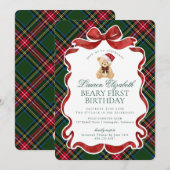 Green Tartan Plaid Christmas Beary First Birthday Kaart (Voorkant / Achterkant)