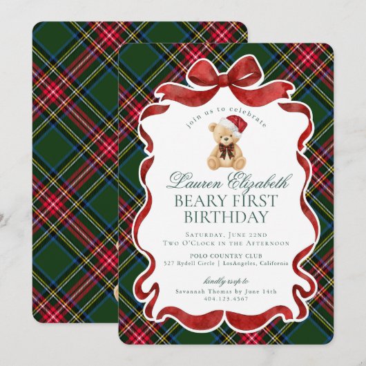 Green Tartan Plaid Christmas Beary First Birthday Kaart (Voorkant / Achterkant)
