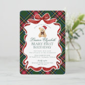 Green Tartan Plaid Christmas Beary First Birthday Kaart (Staand voorkant)