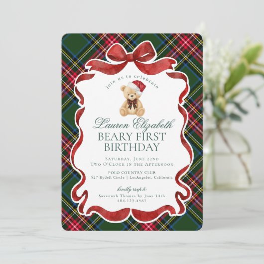 Green Tartan Plaid Christmas Beary First Birthday Kaart (Staand voorkant)