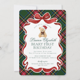 Green Tartan Plaid Christmas Beary First Birthday Kaart