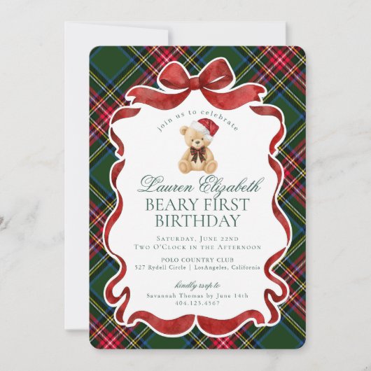 Green Tartan Plaid Christmas Beary First Birthday Kaart (Voorkant)