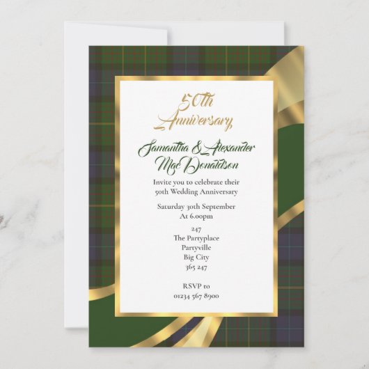 Green tartan plaid gouden bruiloft kaart (Voorkant)