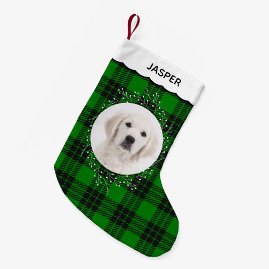 Green Tartan Plaid Winter Wreath Pet Dog Photo Kleine Kerstsok (Voorkant (Hangend))