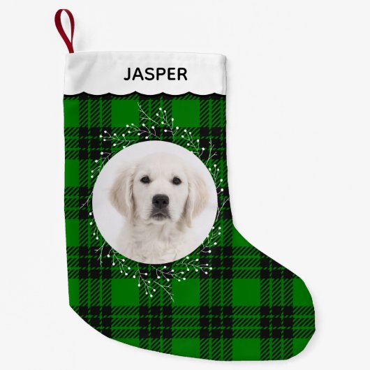 Green Tartan Plaid Winter Wreath Pet Dog Photo Kleine Kerstsok (Voorkant)