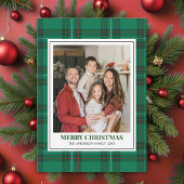 Green Tartan Plaid with Christmas Family Photo Feestdagenkaart