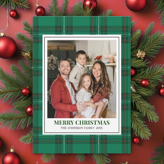 Green Tartan Plaid with Christmas Family Photo Feestdagenkaart