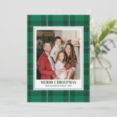 Green Tartan Plaid with Christmas Family Photo Feestdagenkaart (Staand voorkant)