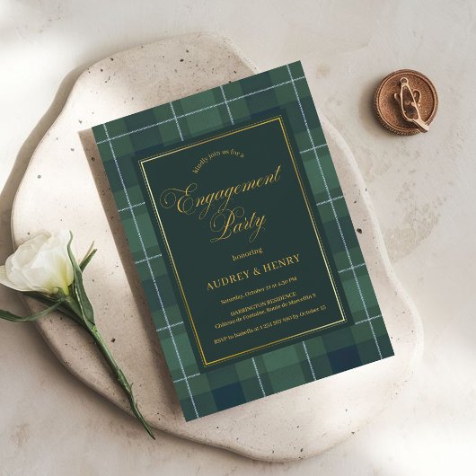 Green Tartan Polo Plaid Vintage Engagement Party Kaart