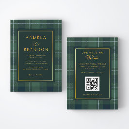 Green Tartan Polo Plaid Vintage QR Code Wedding Kaart