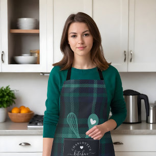 Green Tartan Pset Faux Pocket Spoon & Whisk Apron Schort