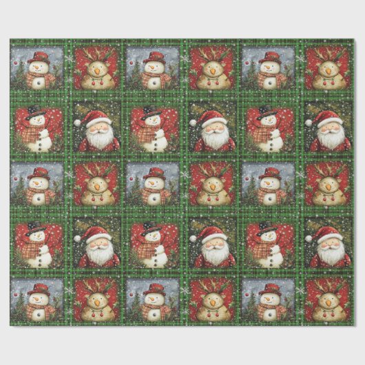 Green Tartan Santa Snowman Rendier Kerstmis Cadeaupapier (Vlak)
