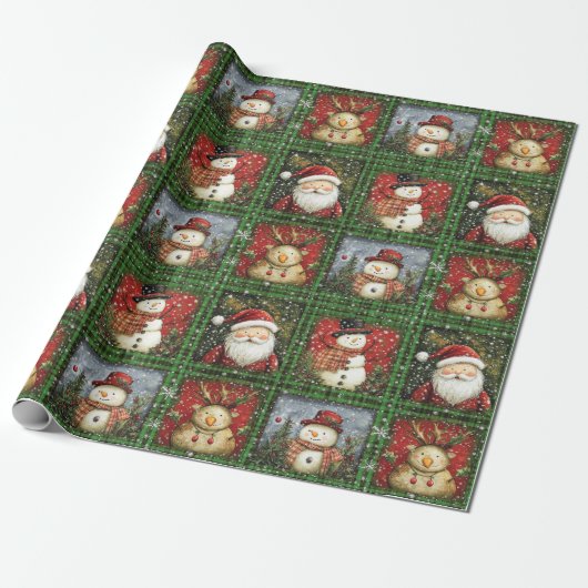 Green Tartan Santa Snowman Rendier Kerstmis Cadeaupapier (Uitgerold)