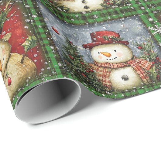 Green Tartan Santa Snowman Rendier Kerstmis Cadeaupapier (Rol Hoek)