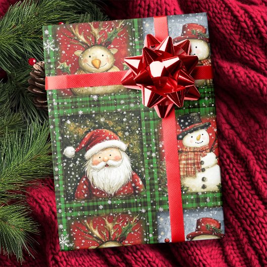 Green Tartan Santa Snowman Rendier Kerstmis Cadeaupapier