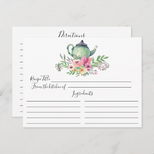 Green Tea Pot Floral Recipe Card Briefkaart (Voorkant / Achterkant)