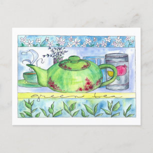 Green Teapot Jasmine Flowers Green Tea Time Briefkaart