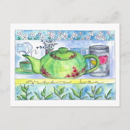 Green Teapot Jasmine Flowers Green Tea Time Briefkaart (Voorkant)