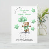 Green Teddy Bear Balloons Stars Boy Baby shower Kaart (Staand voorkant)