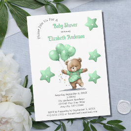 Green Teddy Bear Balloons Stars Boy Baby shower Kaart