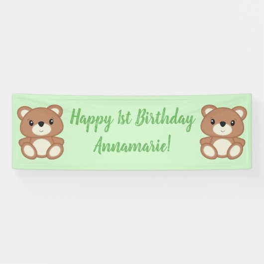 Green Teddy Bear Birthday Party Spandoek (Horizontaal)