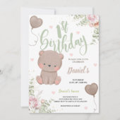 Green Teddy Bear First Birthday Invitation Card Kaart (Voorkant)