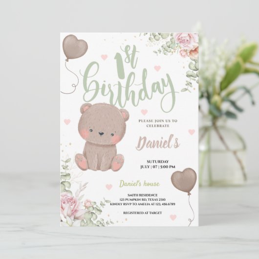 Green Teddy Bear First Birthday Invitation Card Kaart (Staand voorkant)