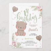 Green Teddy Bear First Birthday Invitation Card Kaart (Voorkant / Achterkant)