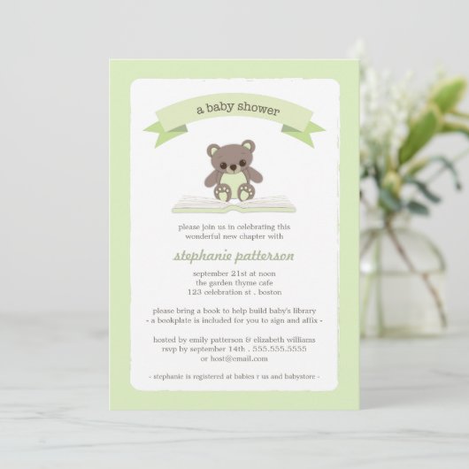 Green Teddy brengt een Baby shower-uitnodiging voo Kaart (Staand voorkant)