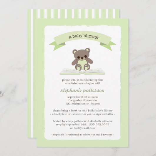 Green Teddy brengt een Baby shower-uitnodiging voo Kaart (Voorkant / Achterkant)