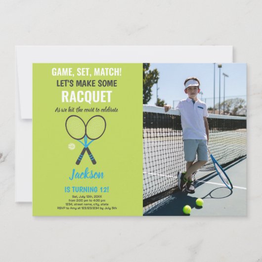 Green Tennis Birthday-uitnodigingen met foto Kaart (Voorkant)