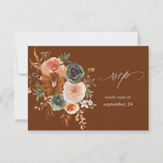 Green & Terra Cotta Floral w Meal RSVP Tan Kaartje (Voorkant)