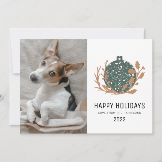 Green Terrazzo Bauble Happy Holiday Dog Photo 2022 Feestdagenkaart (Voorkant)