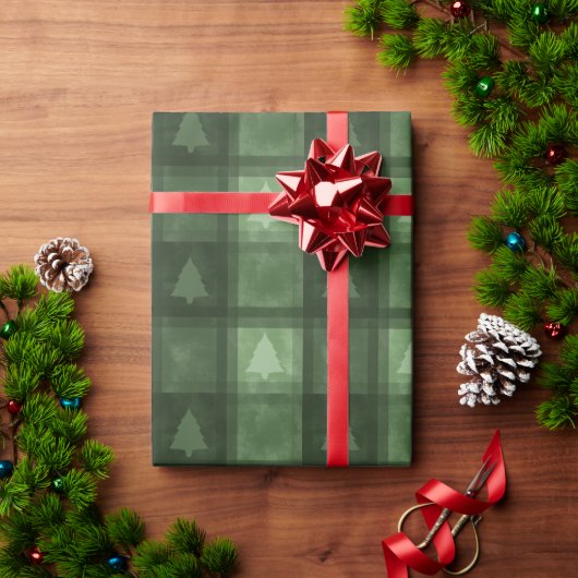 Green Textured Plaid With Fir Trees Christmas Cadeaupapier (Feestdagen Geschenken)