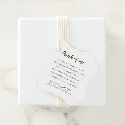 Green Think of Me Celebration of Life Candle Bedankjes Labels (In situ)