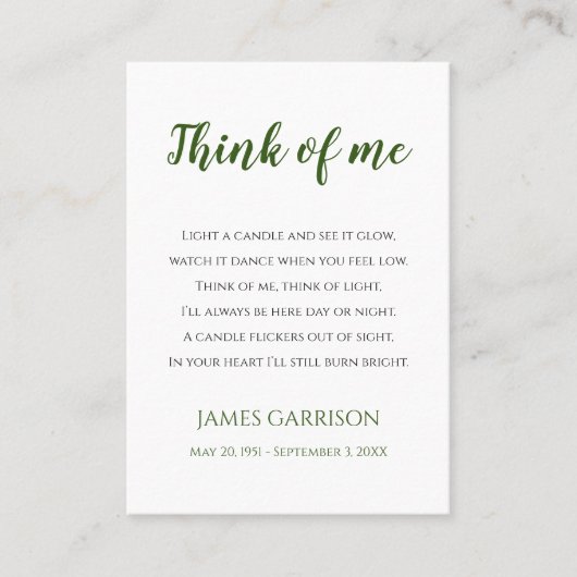 Green Think of Me Celebration of Life Candle Plaatskaartje (Voorkant)