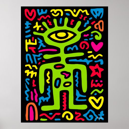 Green Third Eye Alien - Funky Neon Pop Art Wall Poster (Voorkant)