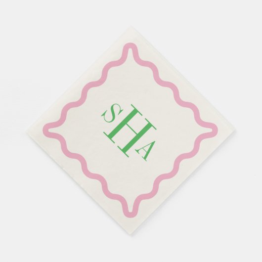 Green Three Letter Monogram with Pink Wavy Square Servet (Hoek)