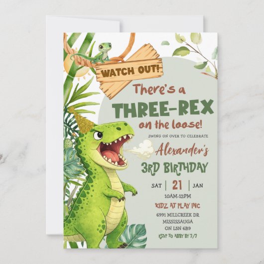 Green Three Rex On The Loose Third Birthday Kaart (Voorkant)