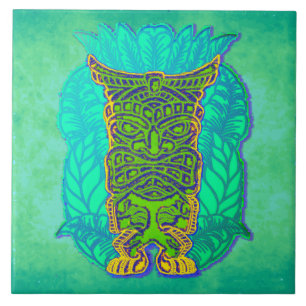 Green Tiki over de achtergrond van Turqoise Grungy Tegeltje