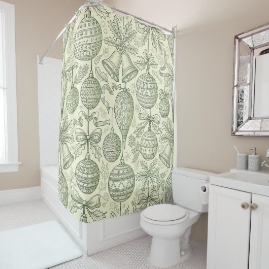Green Toile Christmas Bells & Ornaments Pattern 2 Douchegordijn (In situ)
