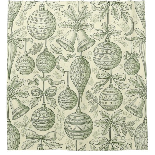 Green Toile Christmas Bells & Ornaments Pattern 2 Douchegordijn (Voorkant)