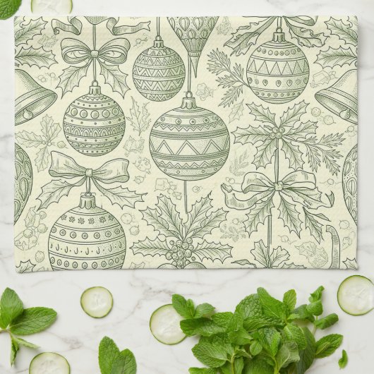 Green Toile Christmas Bells & Ornaments Pattern 2 Theedoek (Gevouwen)