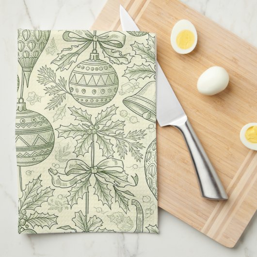 Green Toile Christmas Bells & Ornaments Pattern 2 Theedoek (Quarter Fold)