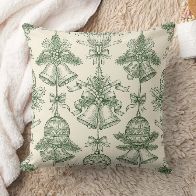 Green Toile Christmas Bells & Ornaments Pattern Kussen (Deken)