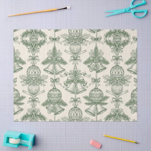 Green Toile Christmas Bells & Ornaments Pattern Tissuepapier (Craft)