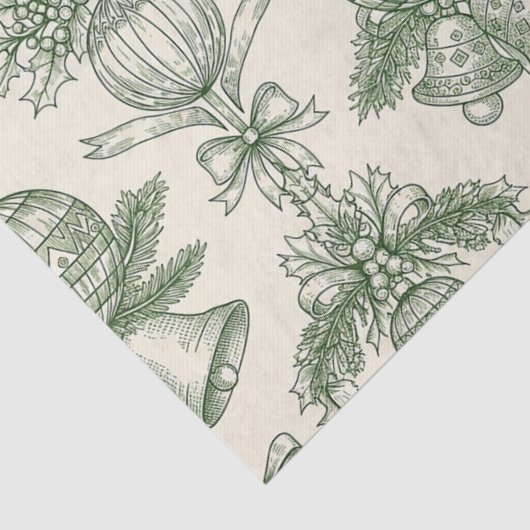 Green Toile Christmas Bells & Ornaments Pattern Tissuepapier (Detail)