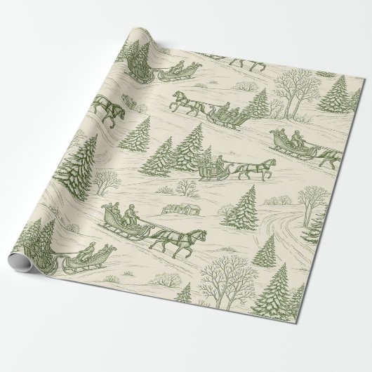 Green Toile Christmas Sleigh Ride Pattern (2) Cadeaupapier (Uitgerold)