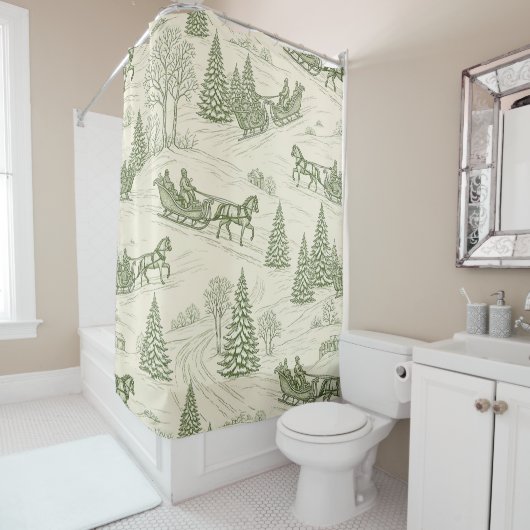 Green Toile Christmas Sleigh Ride Pattern (2) Douchegordijn (In situ)